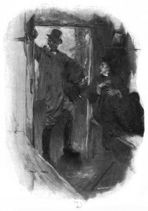 And there I was sitting when the door opened and a huge man in riding-clothes stood before me in the steely dawn. Illustration by Cyrus Cuneo